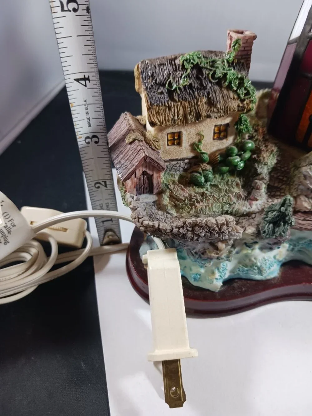 Vintage Stained Glass Lighthouse with Resin Houses on beach on Wood Base